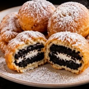 Six fried Oreos dusted with powdered sugar